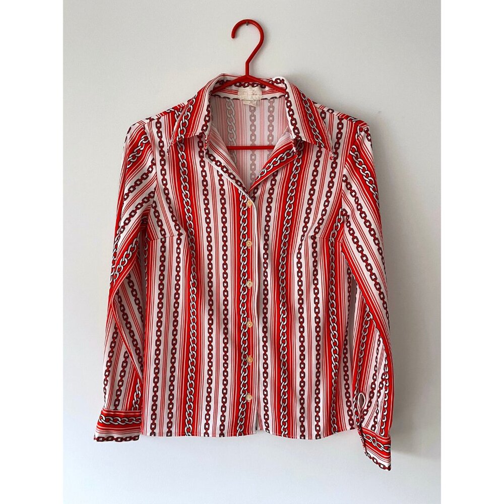 70s vintage red chain striped novelty print collared button up blouse shirt - Picture 9 of 9
